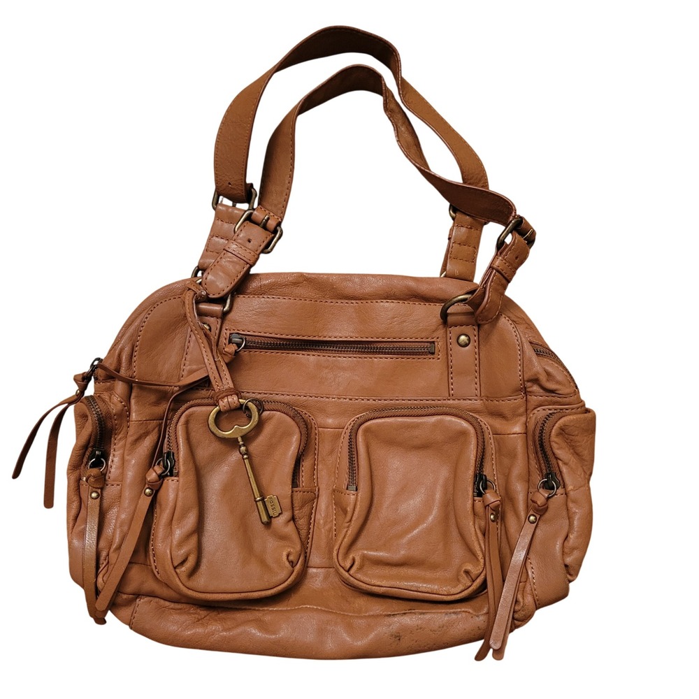 Fossil Large Shoulder Bag Cognac Brown Leather Satchel Distressed Boho Granola